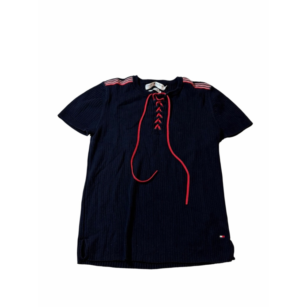 Vintage Tommy Hilfiger Lace Up Knit Top Nautical Navy Red Ribbed Y2K XL